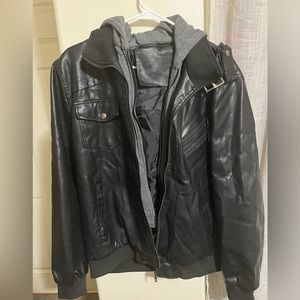 Unmarked Leather Zip Up Hooded Jacket. Size: L
